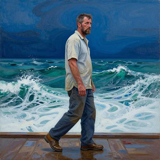 Photograph of a bearded man in a white shirt and gray pants, walking on a wooden floor in front of a vivid, digital painting of turbulent