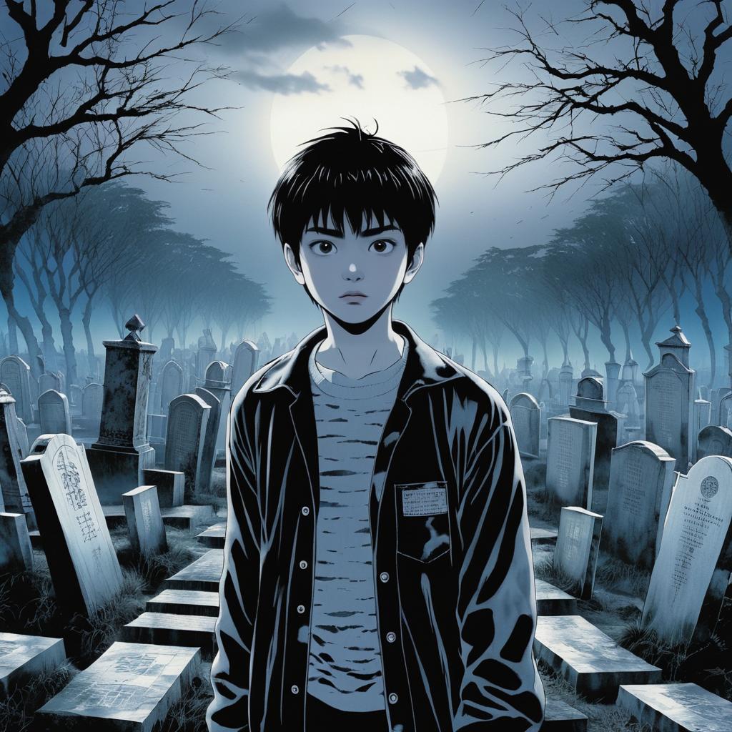 Panicked Boy in a Misty Cemetery