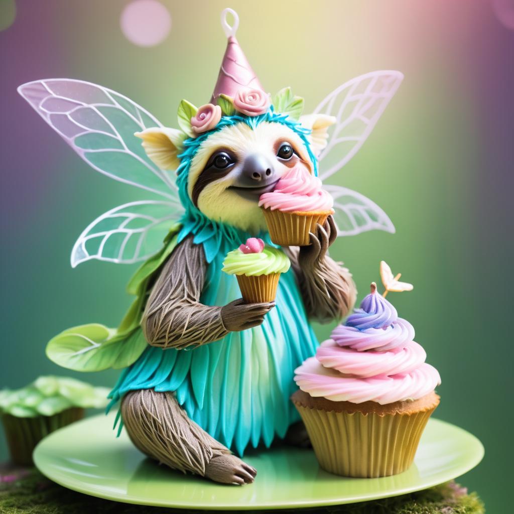 Whimsical Sloth Fairy Enjoying Cupcake