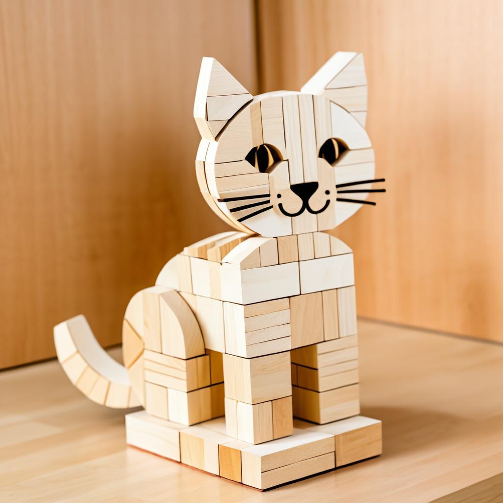 Whimsical Cat Crafted from Wooden Blocks