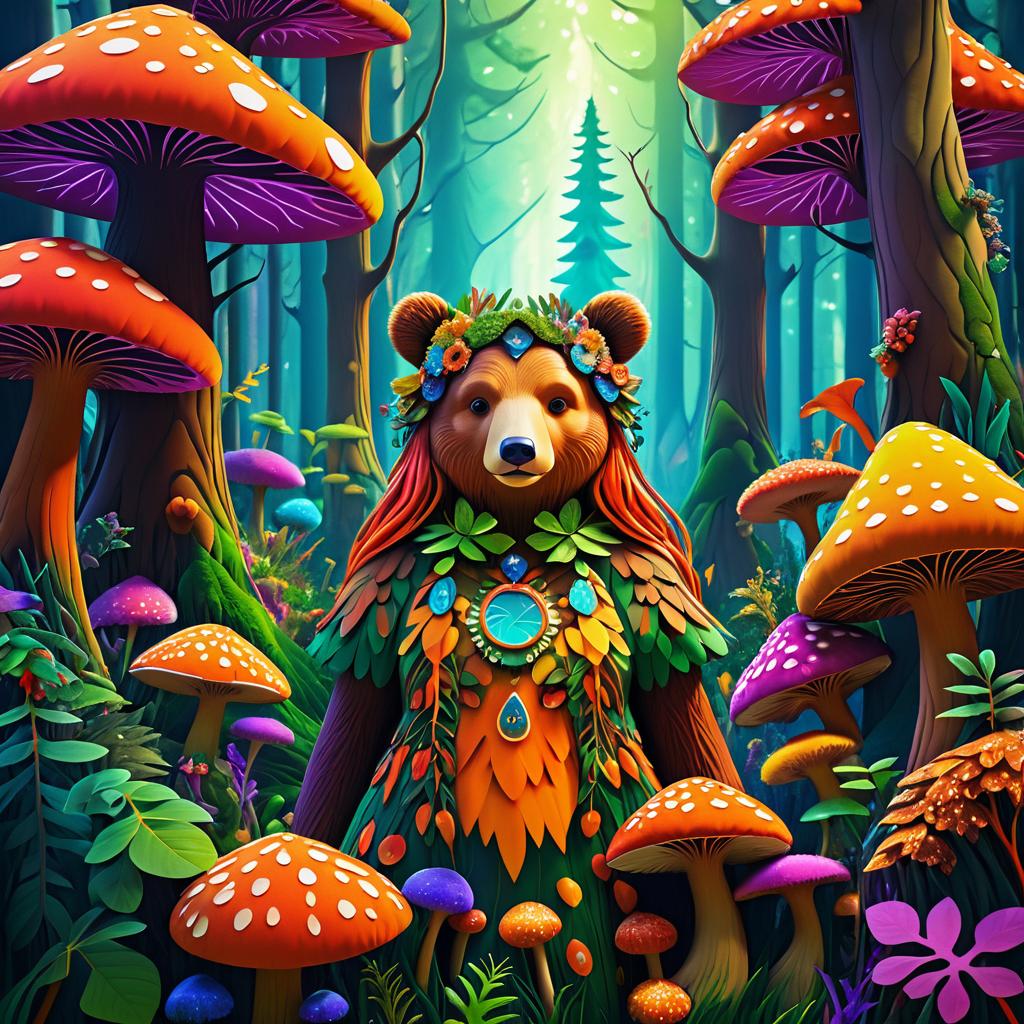 Whimsical Bear Girl in a Fungal Wonderland