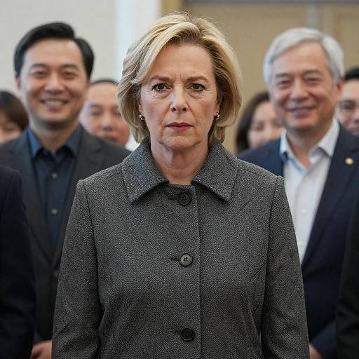 Serious Blonde Woman in Gray Coat with Smiling Crowd