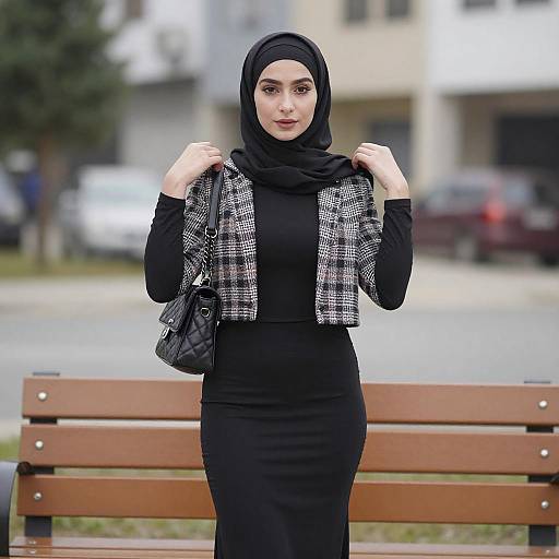 Young Woman in Black Hijab and Plaid Jacket