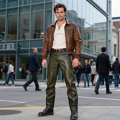 Photograph of a handsome man with dark hair and beard, wearing a brown leather jacket, white shirt, black leather pants, and black boots, standing