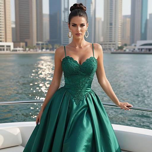 Photograph of a woman with dark hair in an updo, wearing a green lace strapless gown, standing on a boat in front of a city