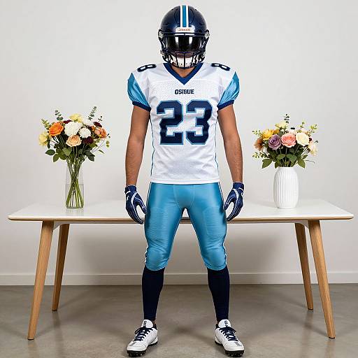 Photograph of a male American football player in white and blue uniform, helmet, standing before a wooden table with floral vases.