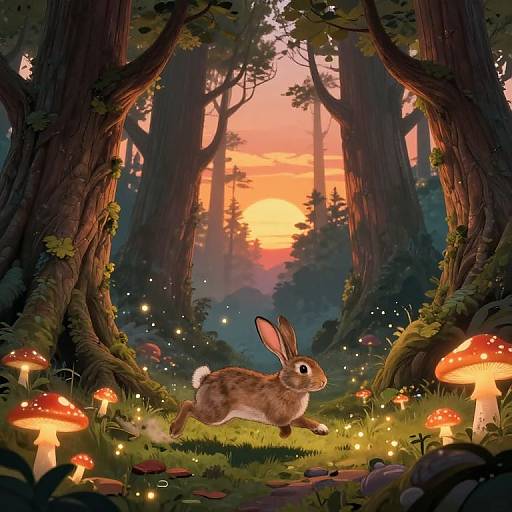 Whimsical digital illustration of a brown rabbit with long ears leaping through a magical forest at sunset, surrounded by glowing mushrooms and fireflies.