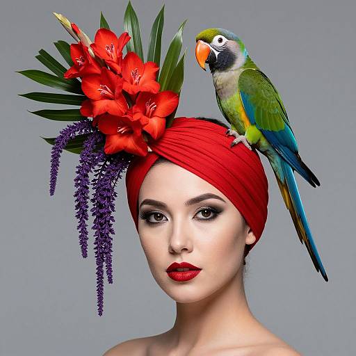 Elegant Woman with Vibrant Tropical Headpiece