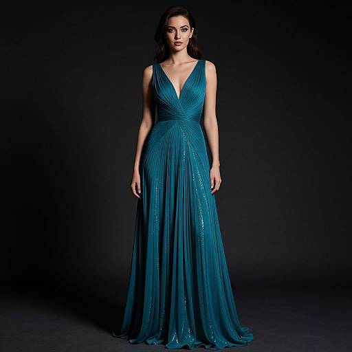 Photograph of a dark-haired woman in a sleeveless, deep V-neck, teal, pleated evening gown, standing against a black background.