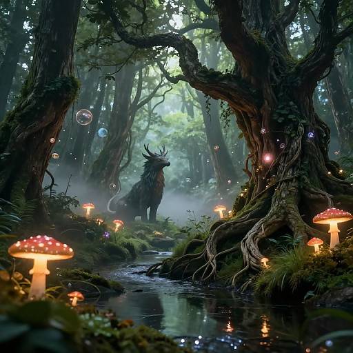 Fantasy forest scene: Dark forest creature with antlers stands by glowing mushrooms, bubbles float, and fairy lights adorn twisted trees.