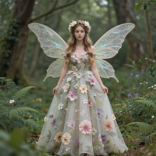 Photograph of a fairy with transparent wings, wearing a floral dress and crown, standing in a lush, green forest.