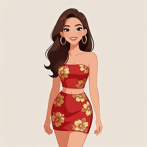 Digital illustration of a smiling woman with long brown hair, wearing a red floral strapless top and skirt, large hoop earrings.