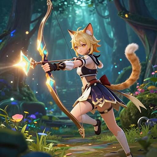 Digital anime-style drawing of a blonde catgirl archer with orange eyes, wearing a black and white outfit, drawing a glowing bow in a magical forest