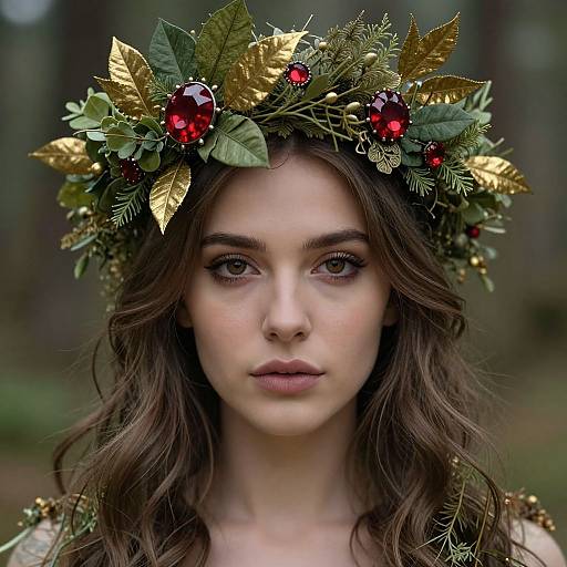 Photograph of a fair-skinned woman with brown wavy hair, wearing a golden and green leafy crown with red berries, in a forest.