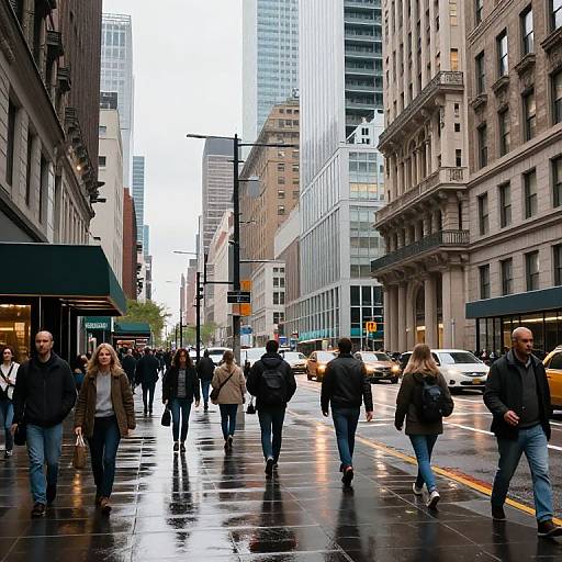 Photograph of a rainy city street with diverse pedestrians, tall buildings, and reflections on wet pavement, featuring cars and streetlights.