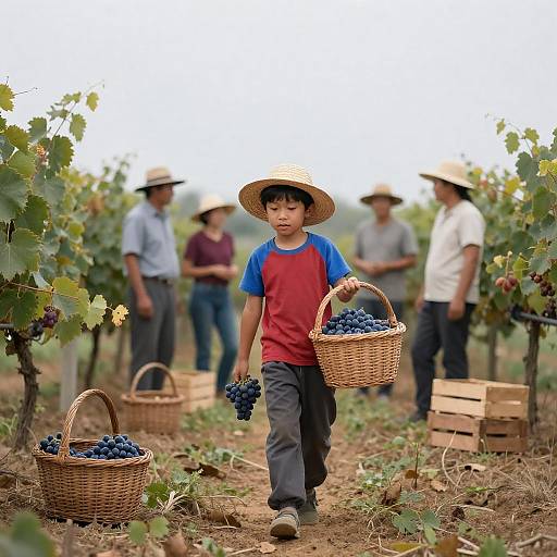 Boy in Grape Field with Wicker Basket