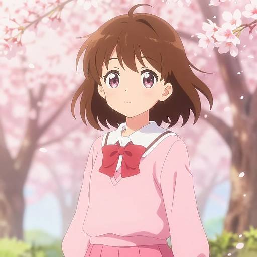 Anime-style digital drawing of a brown-haired girl with purple eyes, wearing a pink blouse with a red bow, standing under cherry blossoms.