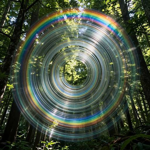 Photograph of a forest with circular light trails forming a rainbow, sunlight filtering through dense trees, creating a mesmerizing, colorful spiral effect.