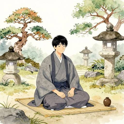 Anime-style drawing of a black-haired man in a gray kimono, sitting cross-legged on a tatami mat in a serene garden with lanterns and