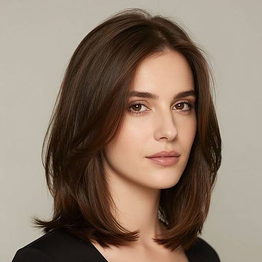 Photograph of a young woman with medium-length, dark brown, straight hair, fair skin, brown eyes, and subtle pink lips, wearing a black