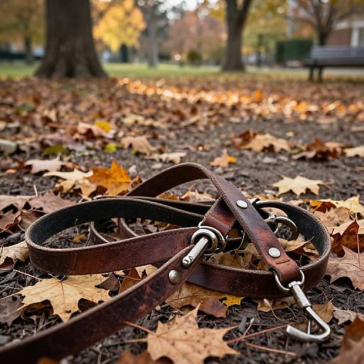 Photograph of a worn brown leather dog collar with metal buckle and ring, lying on a ground covered with autumn leaves in a park. Blurred trees