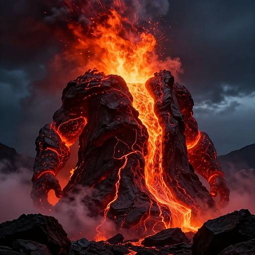 Photograph of a towering, erupting volcanic rock formation with bright orange molten lava, glowing cracks, and thick, dark smoke against a stormy