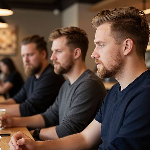 Photograph of three bearded, Caucasian men in black shirts, sitting in profile at a wooden table in a dimly lit café.