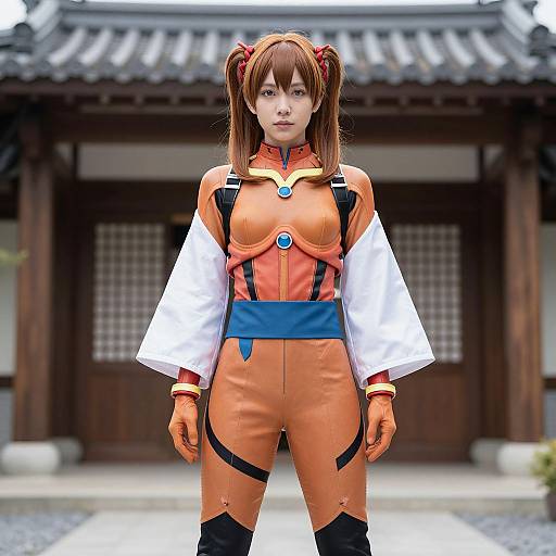 Photograph of a young Asian woman in orange and white anime-style pilot costume with red pigtails, standing in front of traditional Japanese wooden building.