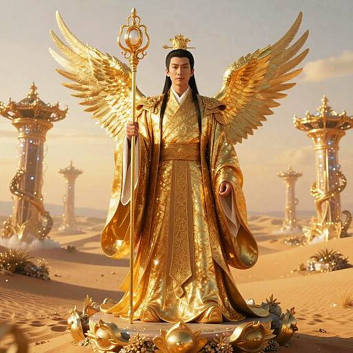 Golden-armored Asian king with large wings, holding a staff, stands in a desert with ornate golden towers in the background. Photorealistic digital