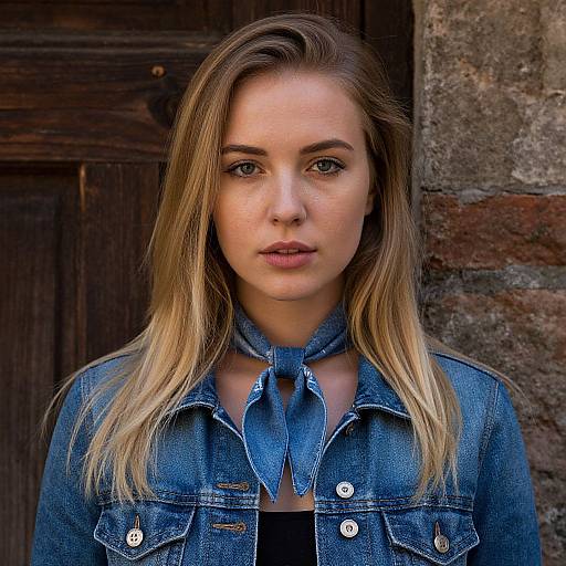 Photograph of a young woman with light brown hair, blue denim jacket, and matching scarf, standing against a rustic wooden door and brick wall, staring