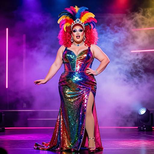 Photograph of a plus-sized, dark-skinned woman in a vibrant, sequined, rainbow-colored dress and colorful feathered headdress, posing confidently