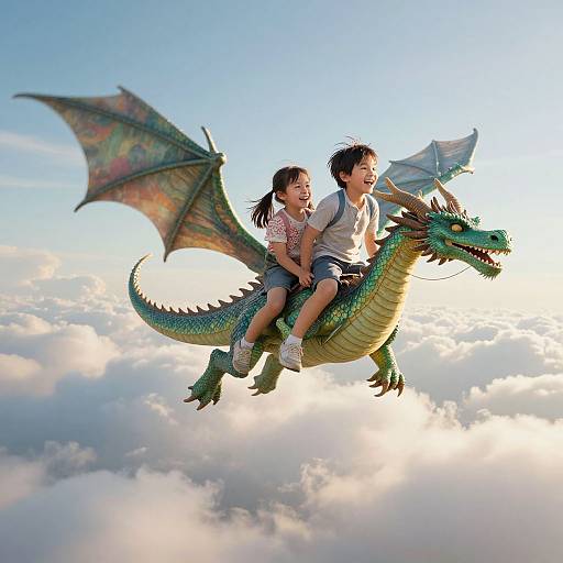 Photograph of a joyful Asian boy and girl riding a green, dragon-like creature with wings through a bright, cloudy sky.