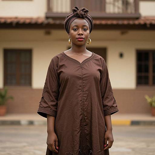 Photograph of an African woman with dark skin, red lips, and gold earrings, wearing a brown, long-sleeved tunic, standing in