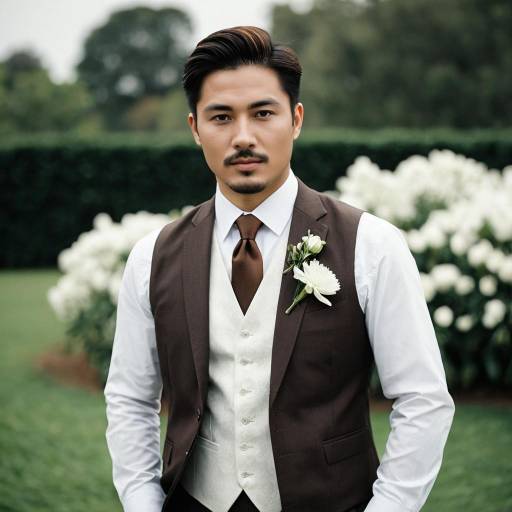 Groom in Brown Suit Vest with White Flower Outdoors