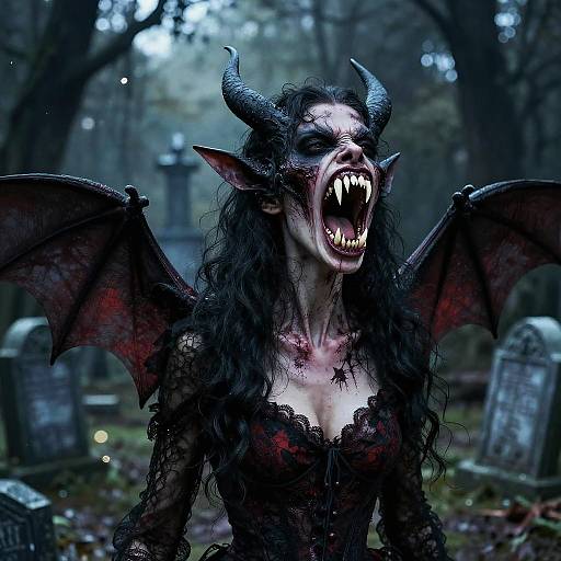 Photorealistic digital artwork of a fierce, black-haired demoness with red wings, sharp teeth, and horns, screaming in a dark, eerie graveyard