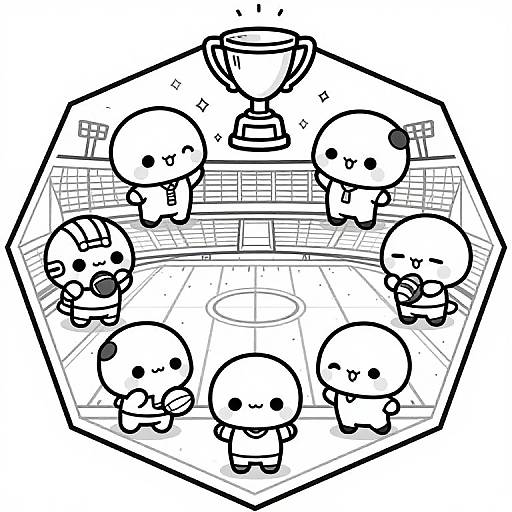 Black-and-white digital drawing of seven chibi-style, round-headed characters celebrating in a stadium, surrounding a trophy at the top.