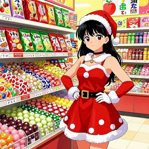 Anime-style drawing of a black-haired girl in a red Santa dress and hat, standing in a colorful grocery store aisle.