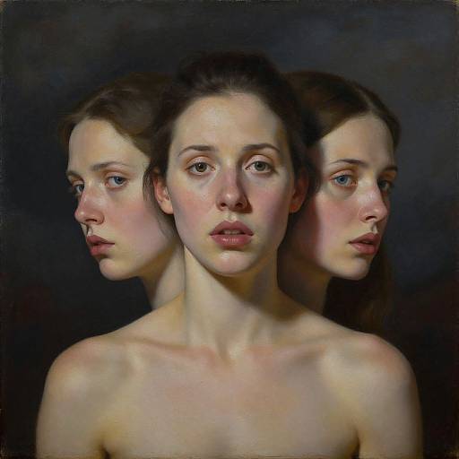Digital painting of a topless woman with three faces, each expression different, against a dark background. Realistic, detailed, and eerie.