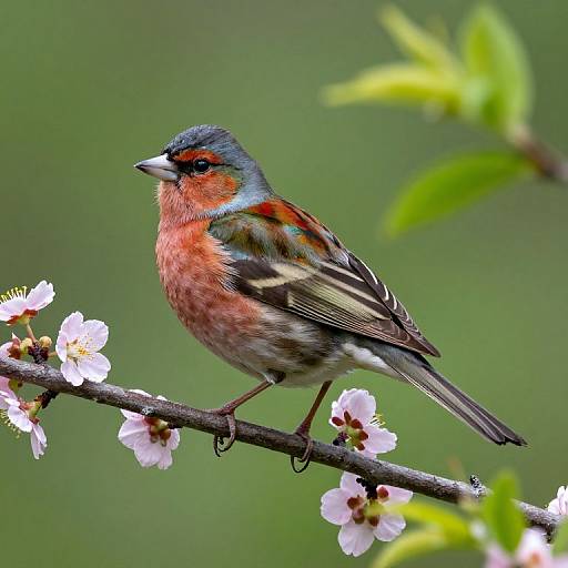Vibrant male Painted Bunting perched on a cherry blossom branch, showcasing colorful plumage with red, blue, and green hues. Bl