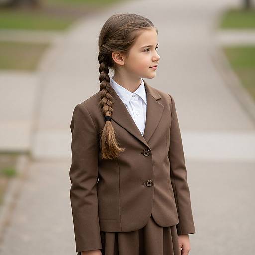 Photograph of a young girl with fair skin and brown hair in a braid, wearing a brown school blazer and white shirt, standing on a