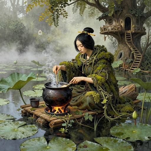 Biopunk Shaman Geisha in Misty Swamp