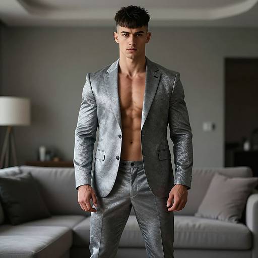 Photorealistic CGI of a muscular, shirtless man in a silver shimmer suit, standing in a modern living room with gray couch and lamp.