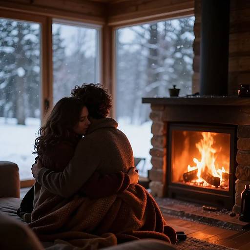 Photograph of a couple embracing by a roaring fireplace in a snowy, wooden cabin, wrapped in cozy blankets, with large windows showing a winter forest outside