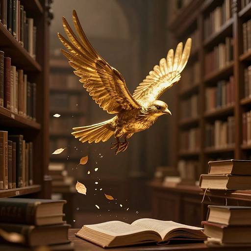 Golden bird with outstretched wings, mid-flight, dropping leaves over an open book in a dim, book-filled library. Photorealistic digital art