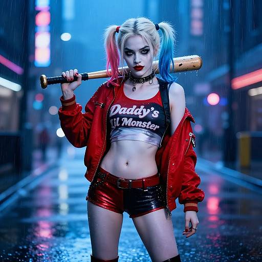 Photorealistic CGI of Harley Quinn in a neon-lit, rainy city street, holding a baseball bat, wearing a red jacket, black crop top