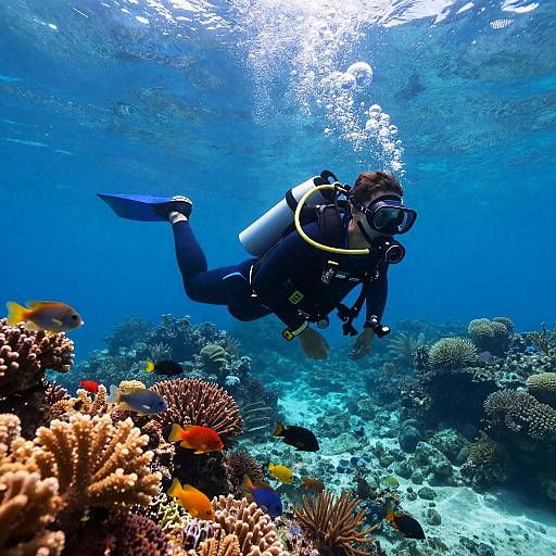 Futuristic Underwater Explorer Amid Coral Reefs