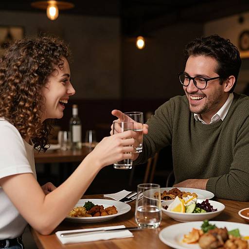 Photograph of a curly-haired woman and a dark-haired man with glasses, laughing and clinking glasses at a dimly-lit restaurant table.