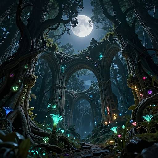 Fairy-tale forest with glowing mushrooms, ancient ruin arches, and a full moon overhead, illuminated by vibrant bioluminescent plants. Digital