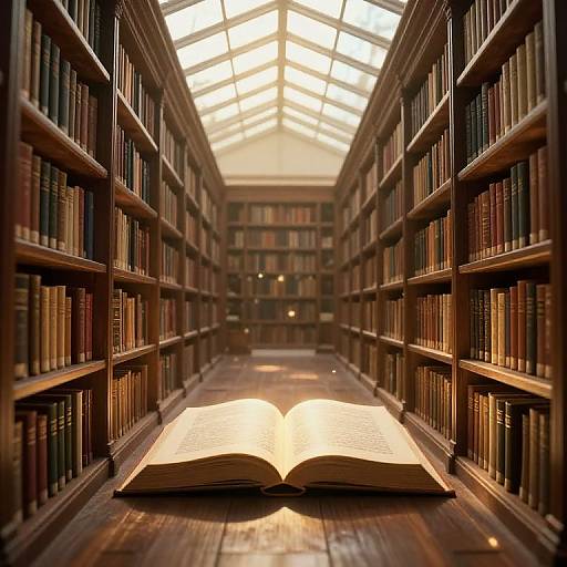 Photograph of a sunlit library aisle with tall wooden bookshelves, rows of books, and an open glowing book on the floor.