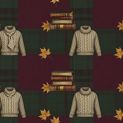 Digital pattern featuring beige, knitted sweaters with turtleneck, stacked books with yellow pages, and scattered autumn leaves on dark plaid background.